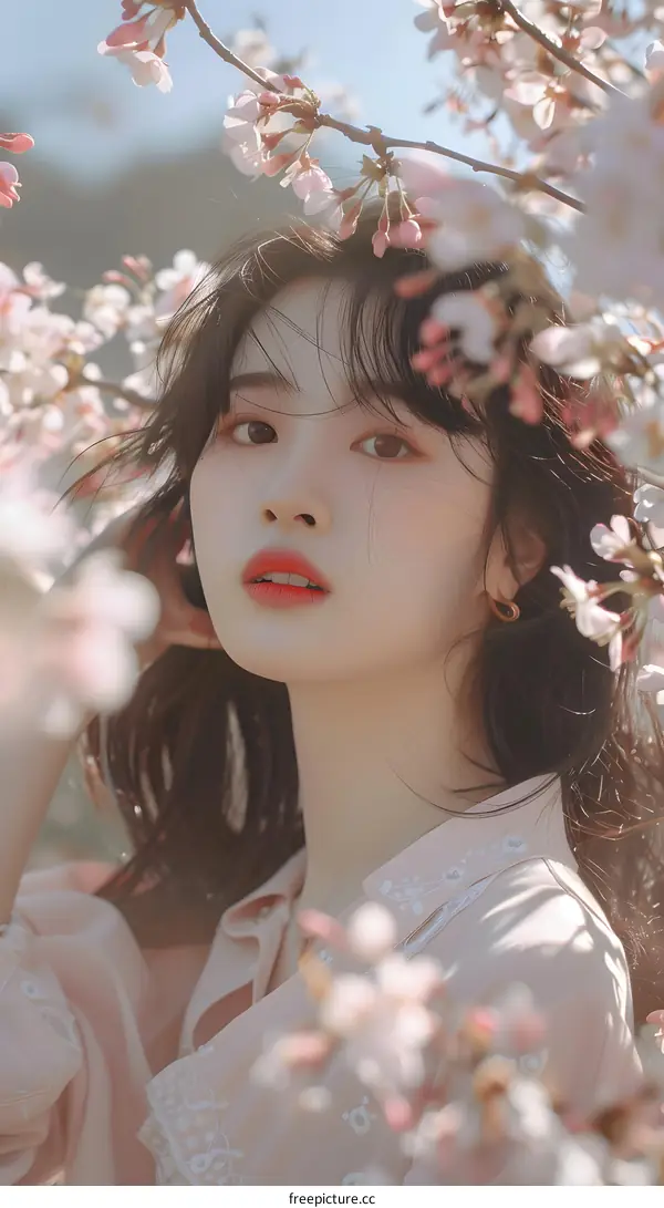 Young Woman Posing in a Field of Cherry Blossoms