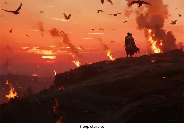 Silhouetted figure stands atop hill with fiery landscape and flying birds