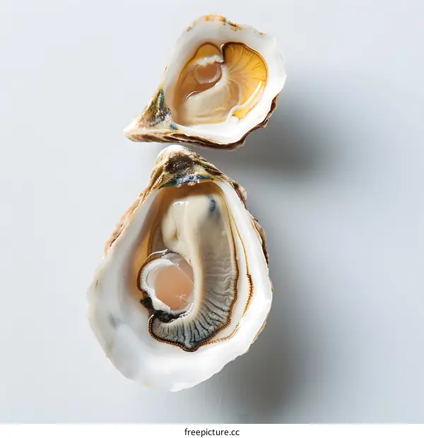 Two opened fresh oysters with copy space
