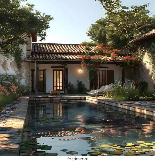 Courtyard of a Spanish villa with a swimming pool