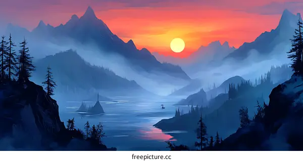 Mountain Landscape with Sunset and Lake
