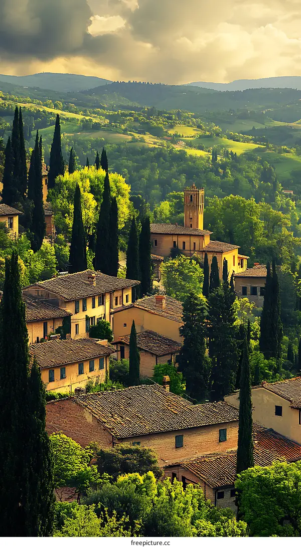 Tuscan Village Landscape with Hills and Trees