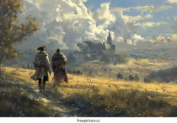 Travelers Approaching Medieval Town