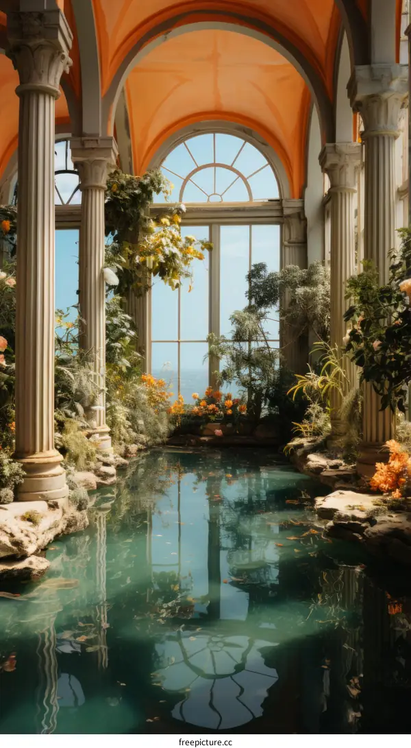 European style greenhouse with a large reflecting pool