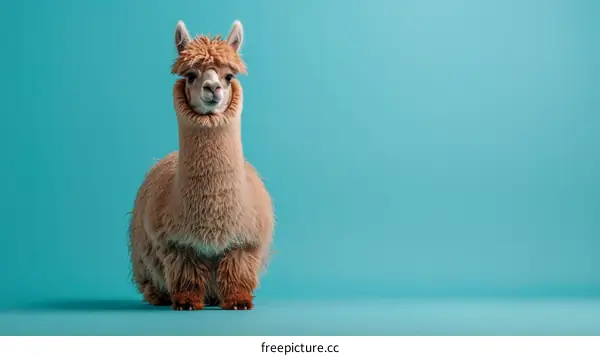 fluffy brown alpaca standing on blue background
