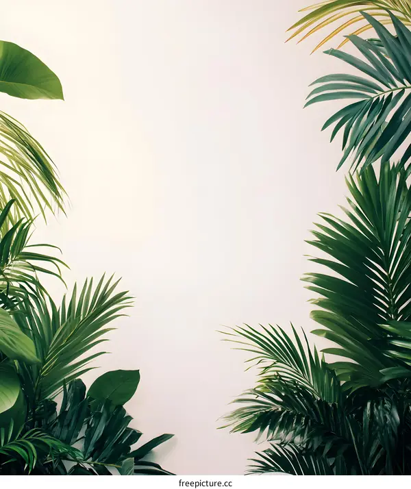 Green Tropical Palm Leaves on White Wall Background