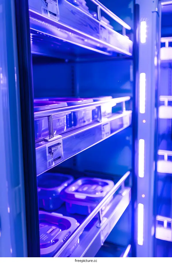 Blue LED Light Inside a Refrigerator Shelf with Food Storage Containers