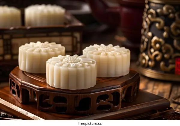Closeup of Three Delicious Chinese Moon Cakes on a Wooden Stand