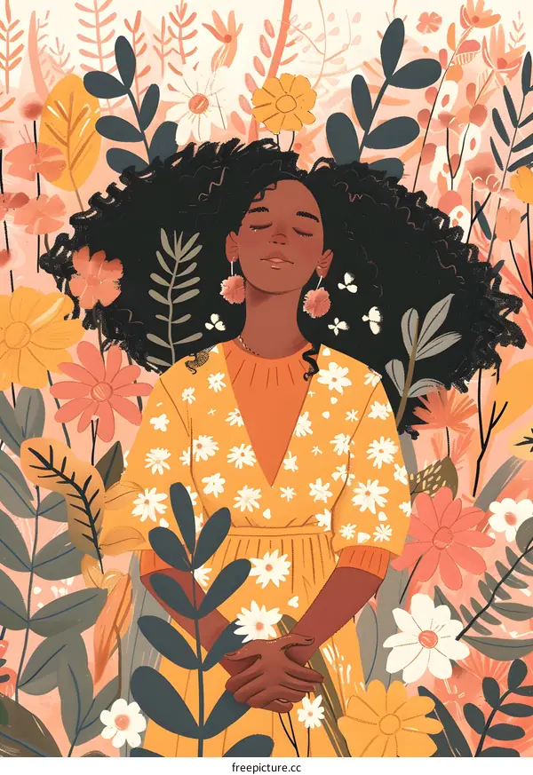 Woman With Closed Eyes Surrounded by Flowers Illustration