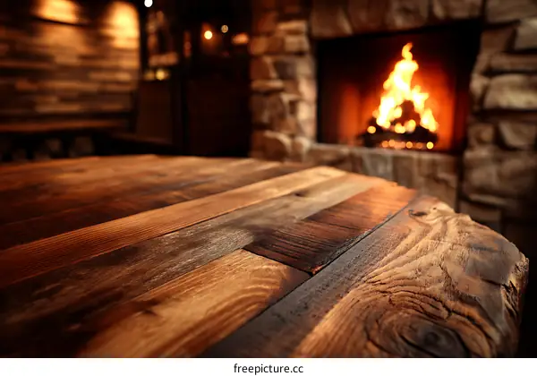 Rustic Wooden Table Top by Fireplace