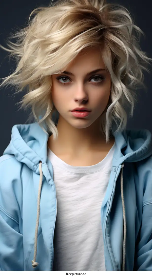 A beautiful blonde woman wearing a white shirt