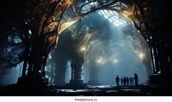 An illustration of a group of people walking through a forest of glowing trees.