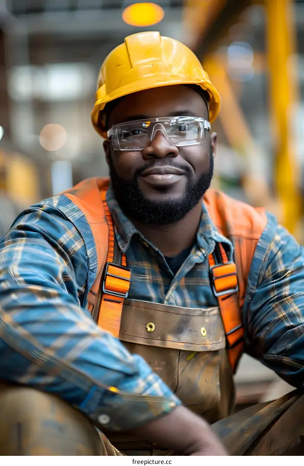 Portrait of a smiling construction worker wearing a hard hat and safety glasses