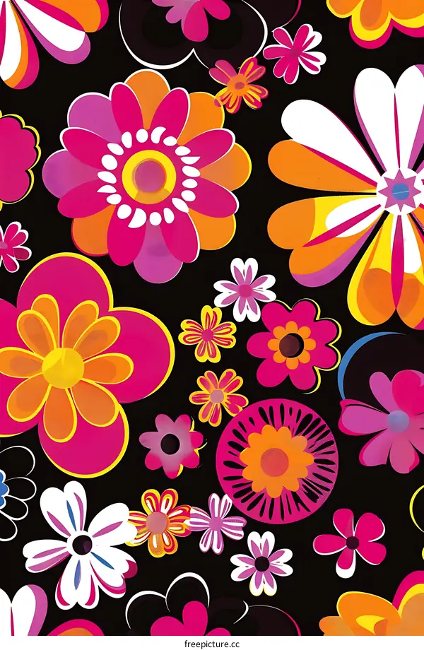 Colorful Floral Pattern On Black Background