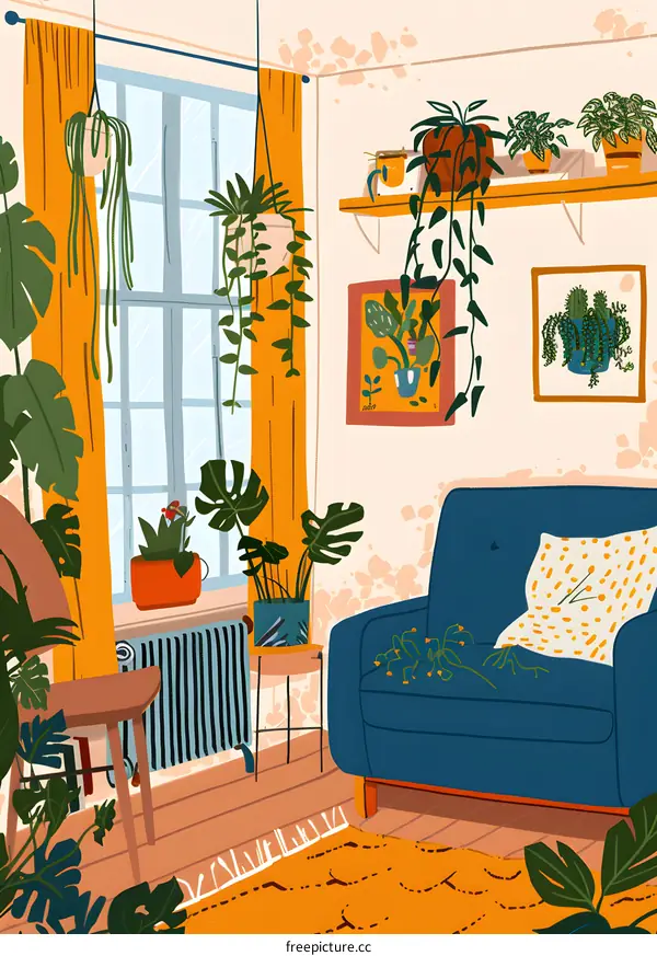 Cozy Living Room With Plants And A Blue Sofa Illustration