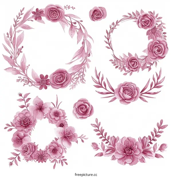 Aquarelle pink roses and leaves