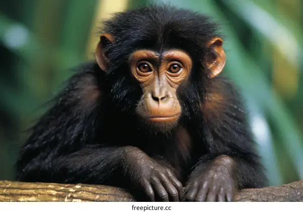 A portrait of a young chimpanzee with dark fur and brown eyes