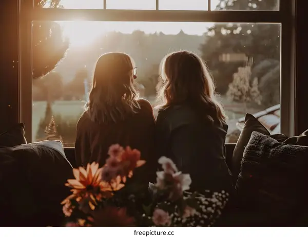Two Women Sitting by Window Looking at Sunset