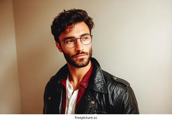 Close Up Portrait of a Man with Glasses and Leather Jacket