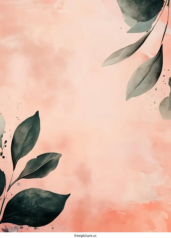 Abstract Green Leaves on a Pink Watercolor Background