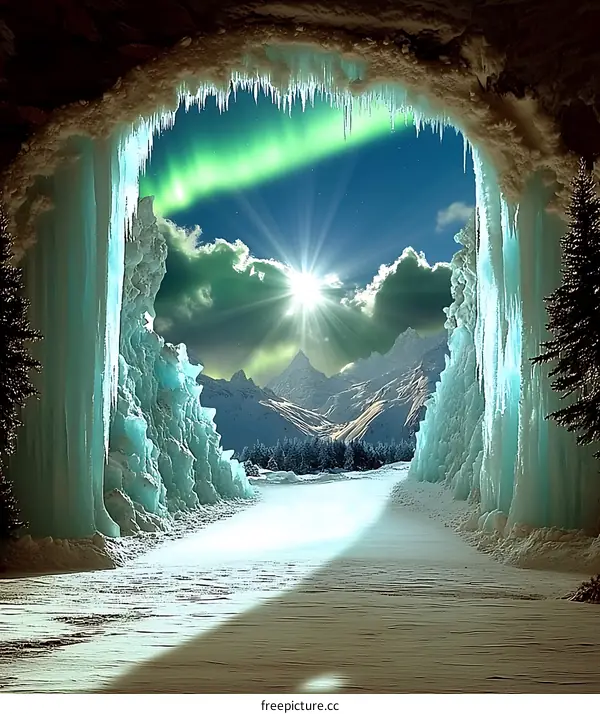 Aurora Borealis View Through An Icy Cave
