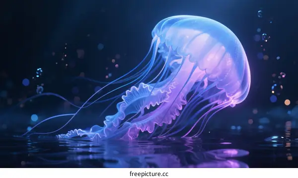 A glowing purple jellyfish swimming in dark blue water with bioluminescent lights
