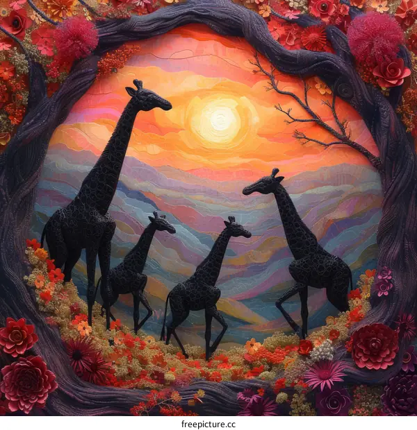 Four Giraffes In The Setting Sun