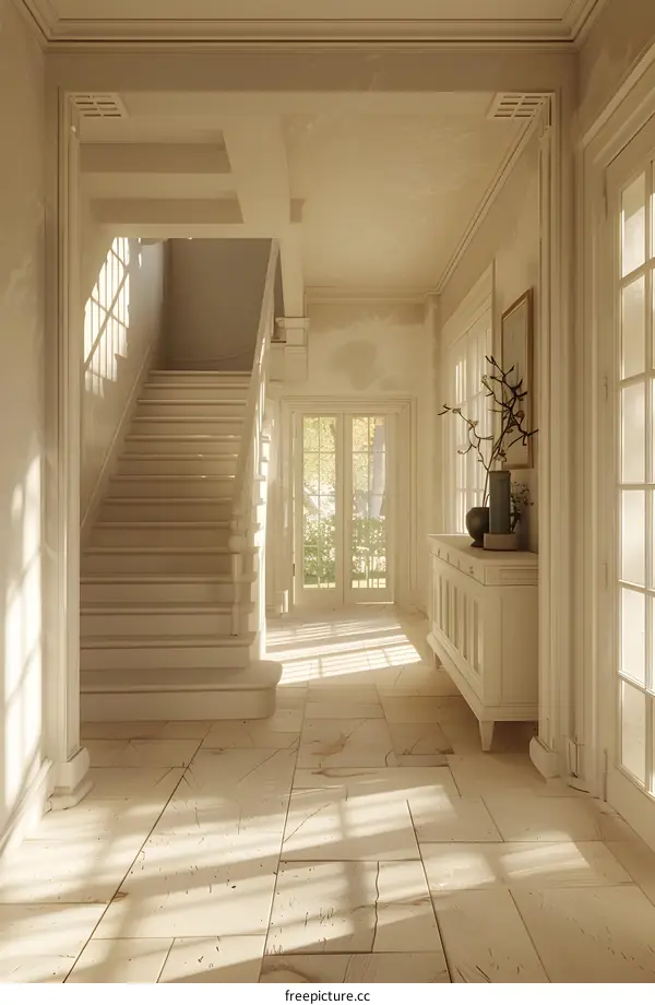 Empty Hallway with Staircase and Sunlight