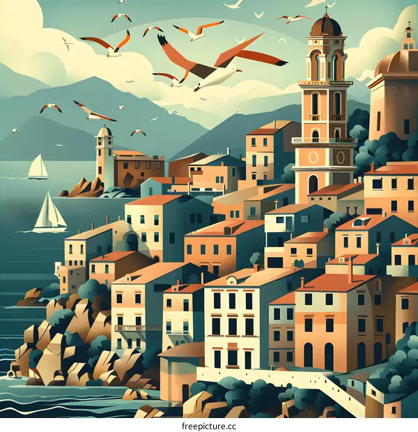 Seagull Flying Over Colorful Italian Town