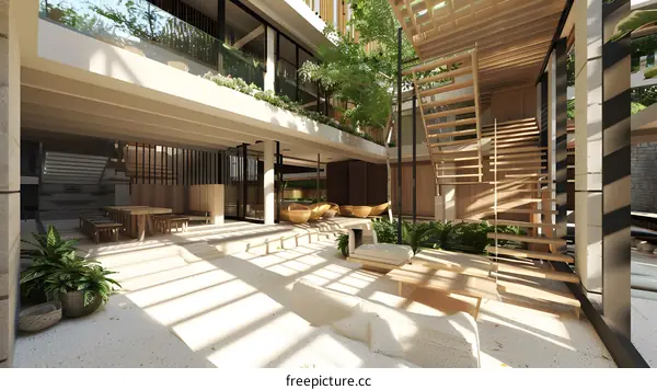 Modern Minimalist Interior Design of a Patio with Wooden Stairs and Plants