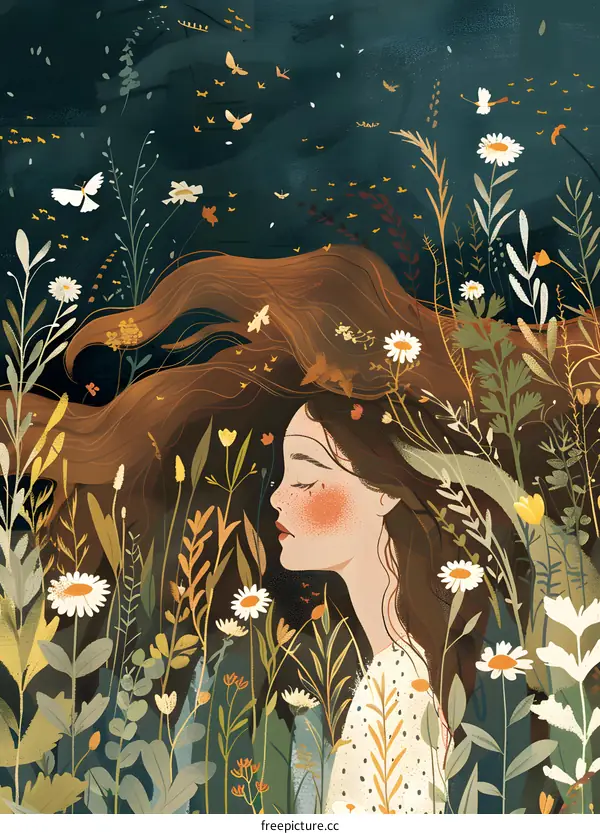 Woman with Long Hair In a Field of Flowers