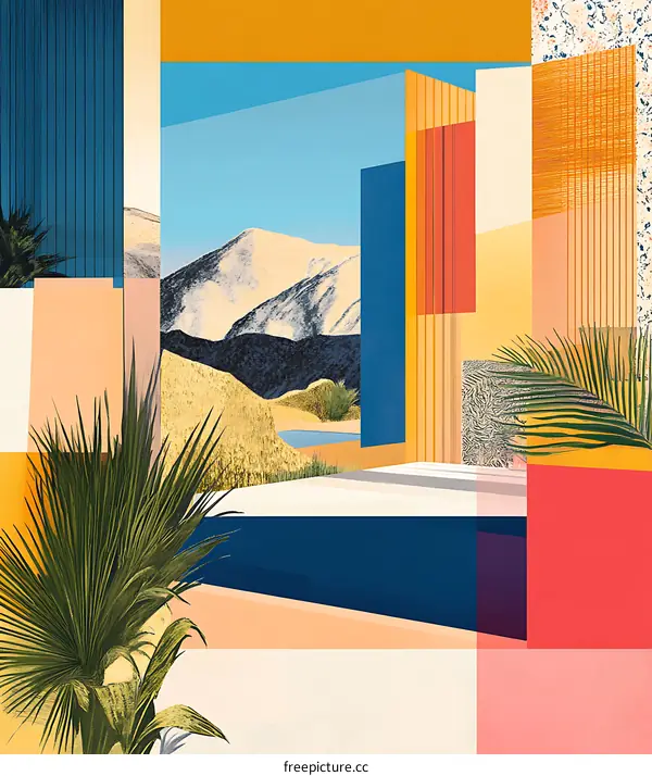 Abstract Art With Mountain Landscape And Palm Tree