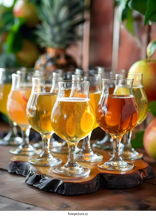 Variety of Craft Beers on Wooden Board