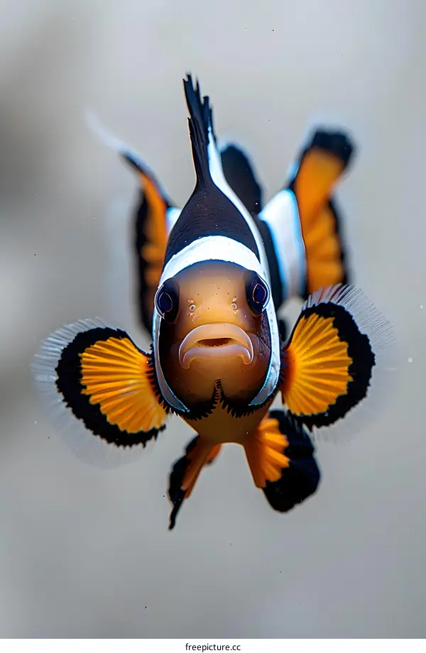 A clownfish with orange and black stripes and white fins