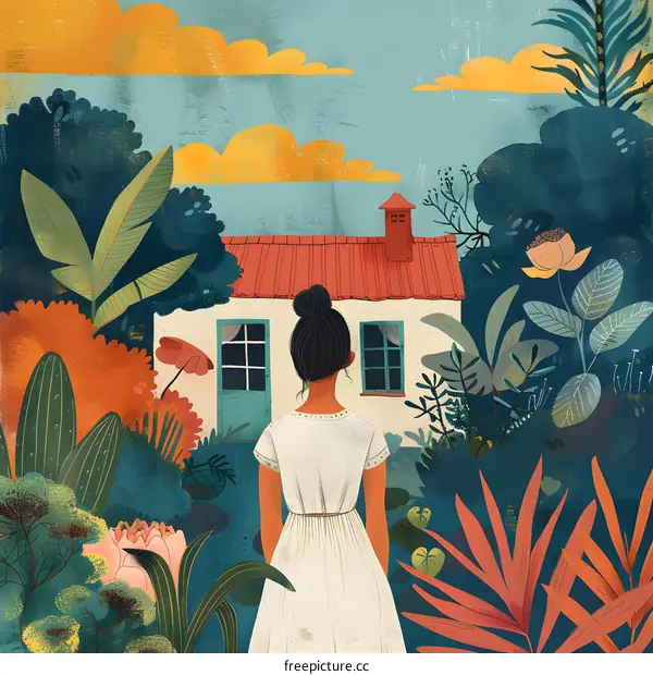 A woman standing in a lush garden looking at a house