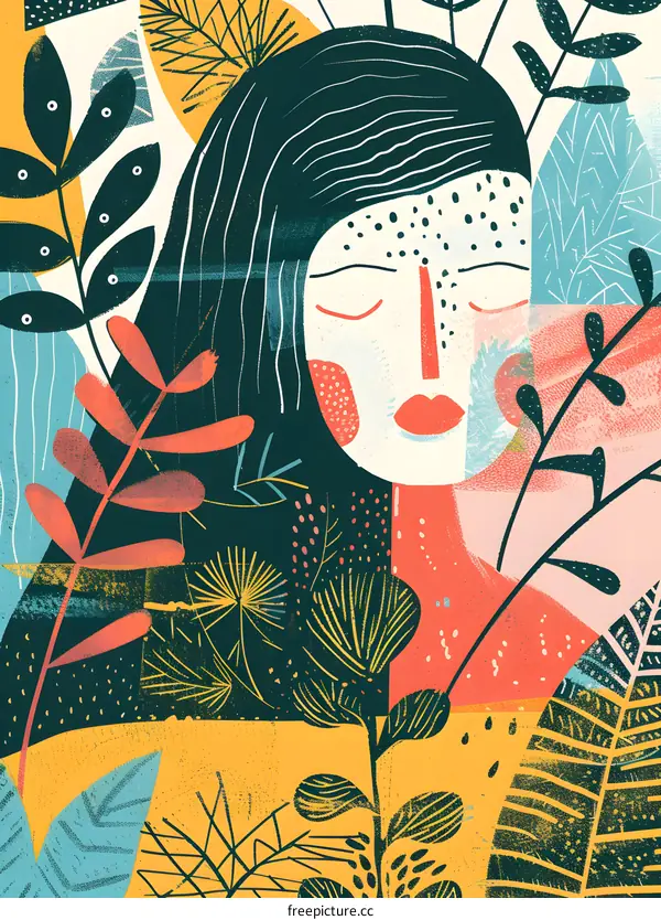 Woman with Closed Eyes Surrounded by Tropical Foliage