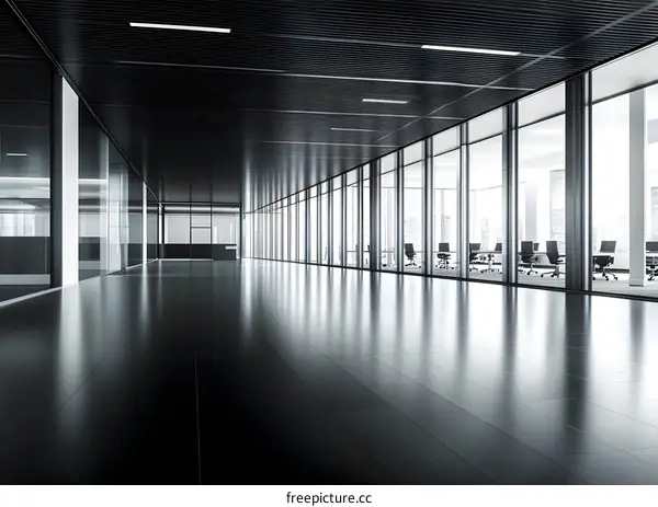 Modern Office Hallway with Glass Walls and Black Tiled Floor
