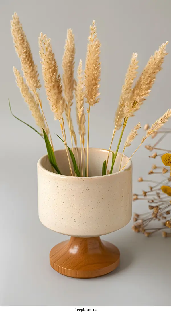 Beige Ceramic Vase With Dried Flowers And Wooden Stand