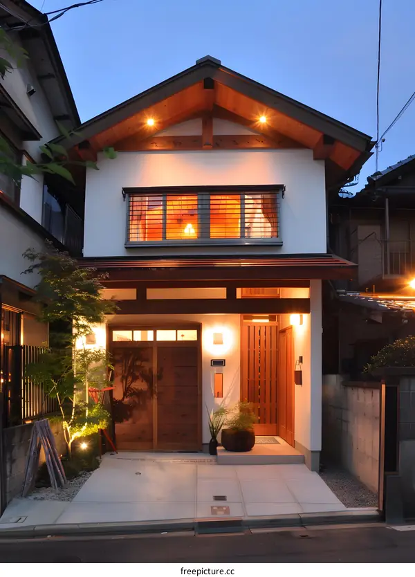 Japanese Style House with Wooden Doors and Windows at Dusk