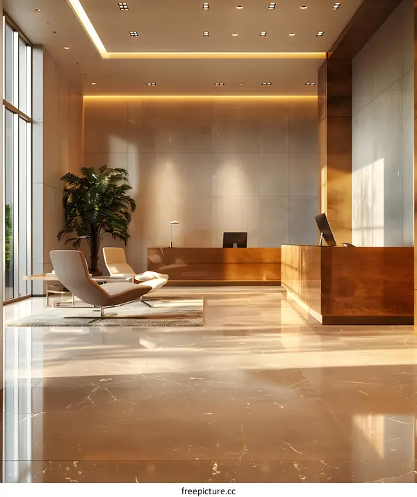 Modern office lobby interior with marble floor and wood front desk
