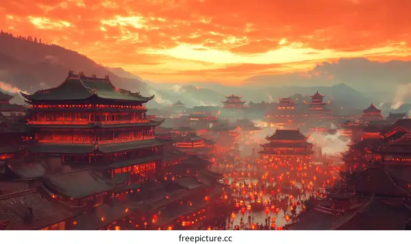 Stunning Chinese Town at Sunset with Lanterns