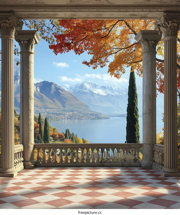 Autumn View From Balcony With Stone Columns