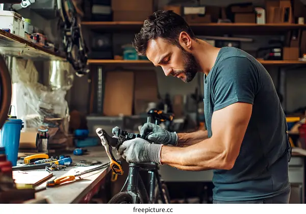 Man Fixing Bicycle in Workshop