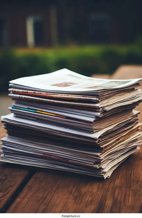 A stack of newspapers and magazines on a wooden table.