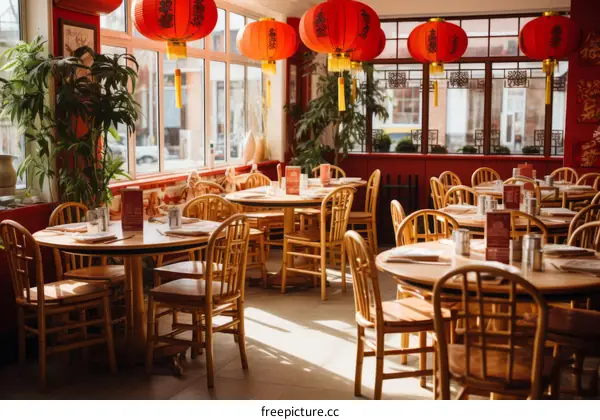 Traditional Chinese Restaurant Interior with Red Lanterns