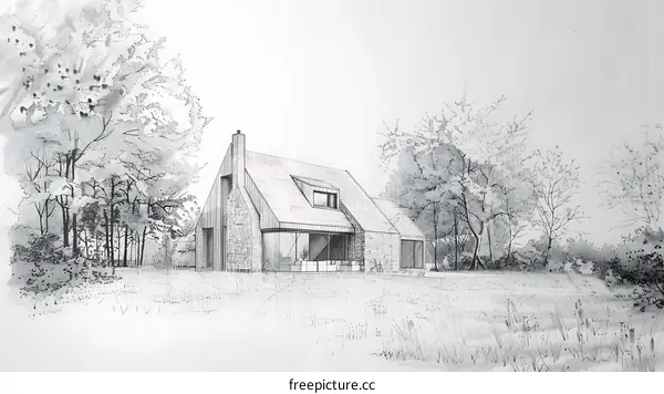Pencil Sketch of a House with Trees in the Background