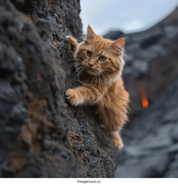 ginger cat climbing on a rock near lava