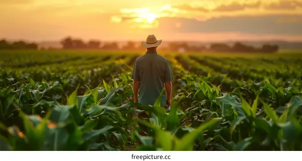A farmer standing in a lush green corn field at sunset