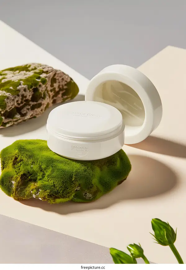 Organic Facial Cleanser in White Jar on Mossy Rock