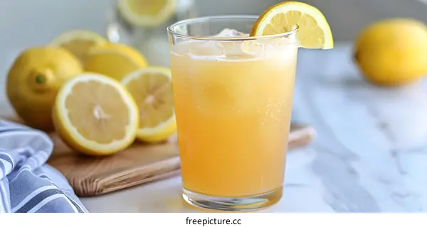 Glass of Lemonade with Lemon Slices and Ice